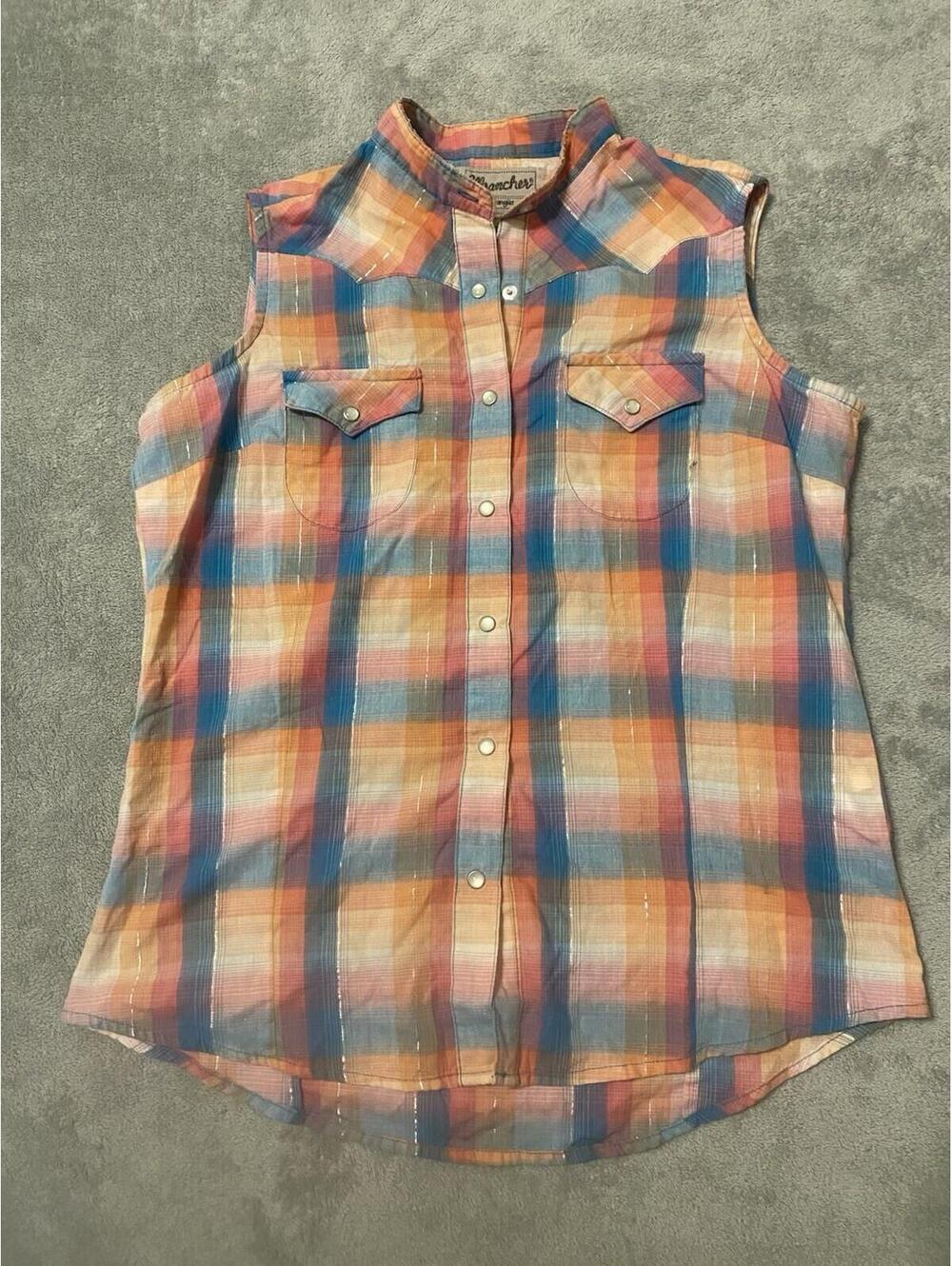 Wrangler Wrancher Women Sleeveless Pearl Snap Button Up Plaid Tank S Pink Coral
